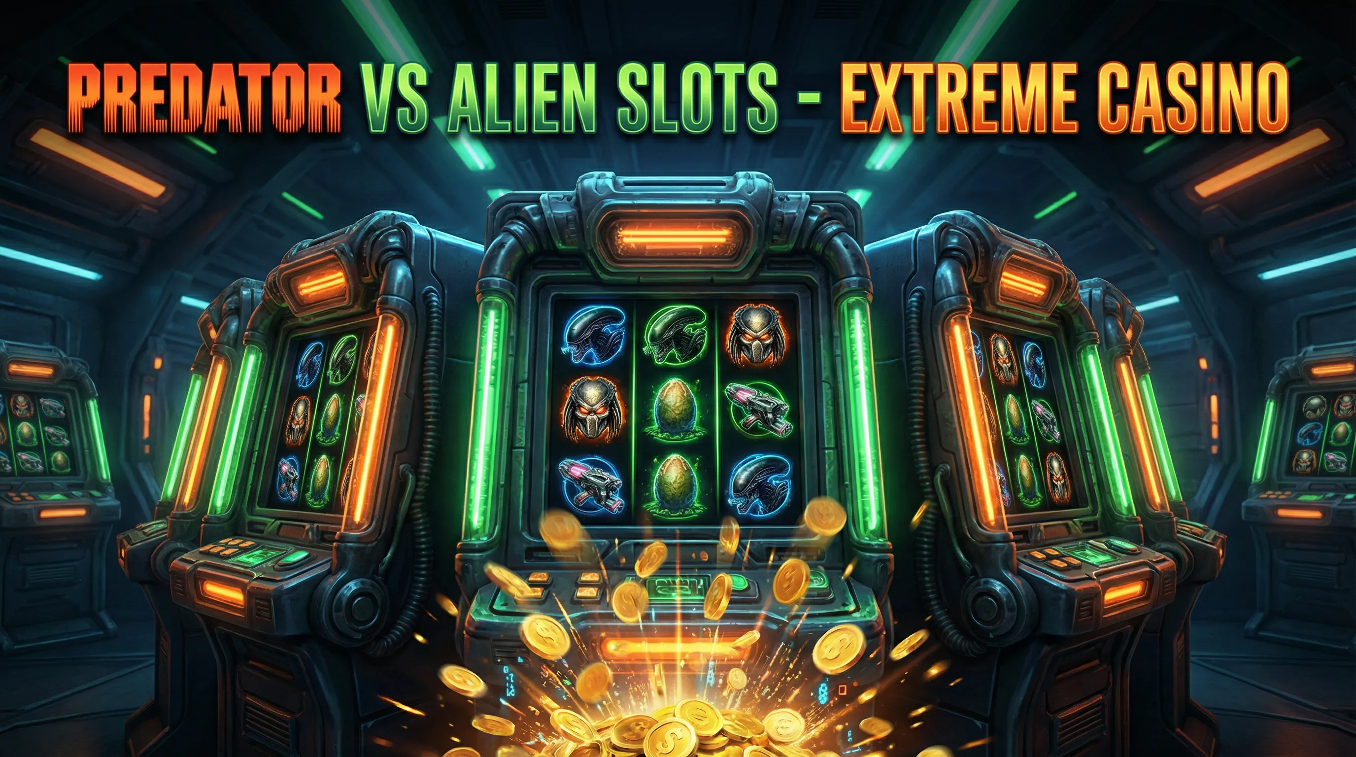 Caça-Níqueis Predador vs Alien - Múltiplas máquinas de slot com símbolos alienígenas e moedas douradas